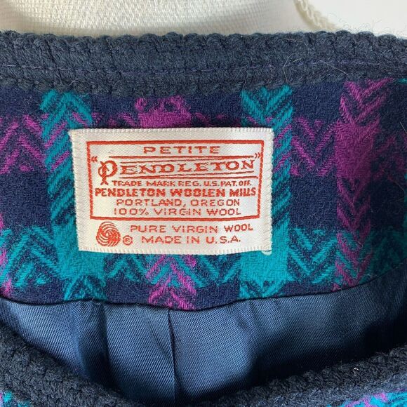Vintage Pendleton Blazer Green Purple Check Long Sleeve Wool Buttons Size 6 - Picture 9 of 11